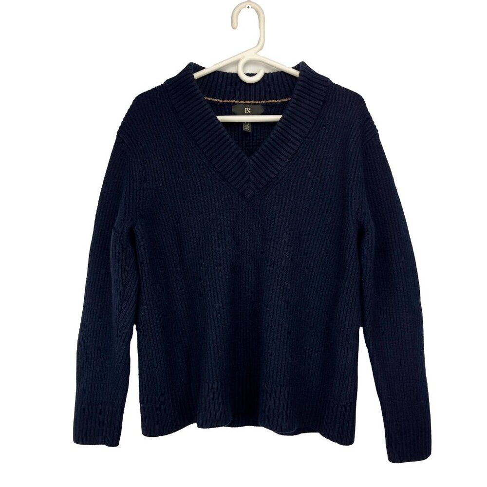 BANANA REPUBLIC Franco Italian Merino Wool V-Neck Ribbed Sweater Navy Blue Sz M